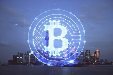 Kripto para birimi temalı hologram çizimine ve şehrin arka planına çoklu maruz kalma. Engelleme zinciri ve bitcoin kavramı.