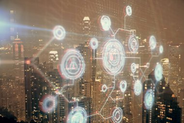 Veri temalı hologram gökdelenlerin arka planında çift pozlama ile şehir görünümüne çizim yapıyor. Ai kavramı.