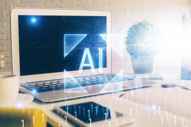 Kişisel bilgisayar ve teknik tema çizimi ile masaüstü çok açıkta. Büyük Veri Kavramı.