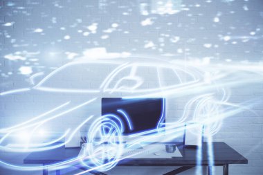 Otomobil hologramı çizimi olan masaüstü bilgisayar arkaplanı. Çoklu maruz kalma. Teknoloji kavramı.