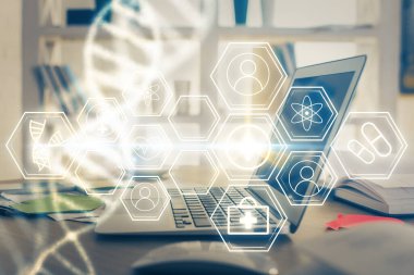 Masaüstü bilgisayar arkaplanı ve DNA çizimi. Çifte maruziyet. Bilim konsepti.