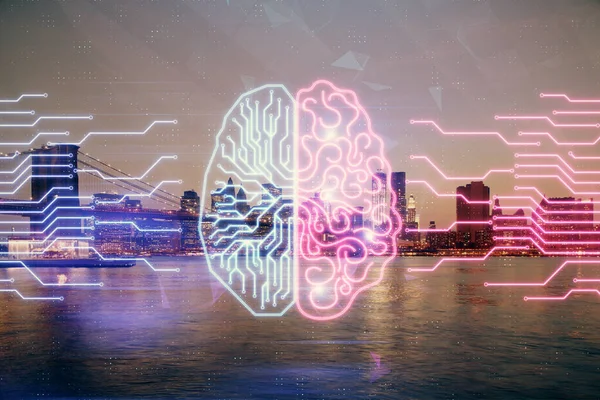 Brain hologram drawing on city scape background Double exposure. Koncept brainstorming. — Stock fotografie