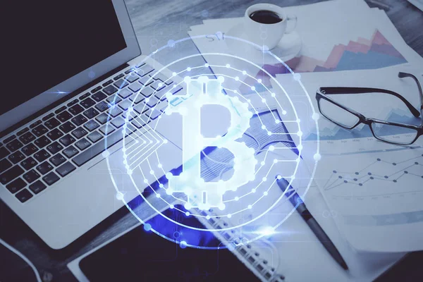 Double exposure of blockchain and crypto economy theme hologram and table with computer background. Concept of bitcoin cryptocurrency. — Stock Photo, Image