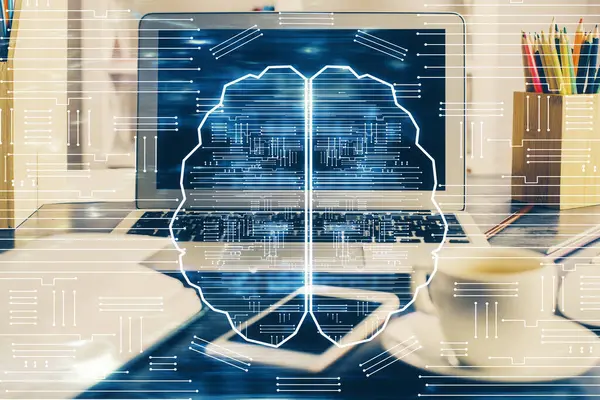 Double exposure of desktop computer and human brain drawing hologram. Ai concept. — Stock Photo, Image