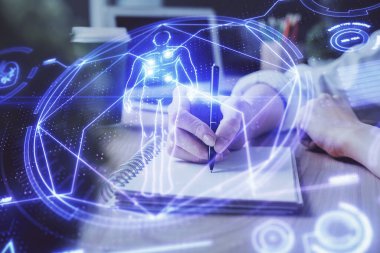 Eğitim temalı hologram, kadınların el yazısı üzerine. Öğrenim anlayışı. Çift pozlama