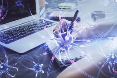 El üstünde tutulan nöron hologramı. Araştırma ve öğrenim kavramı. Çift pozlama