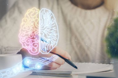 Arka planda beyin hologramıyla el yazısına çok maruz kalmış. Öğrenme kavramı.