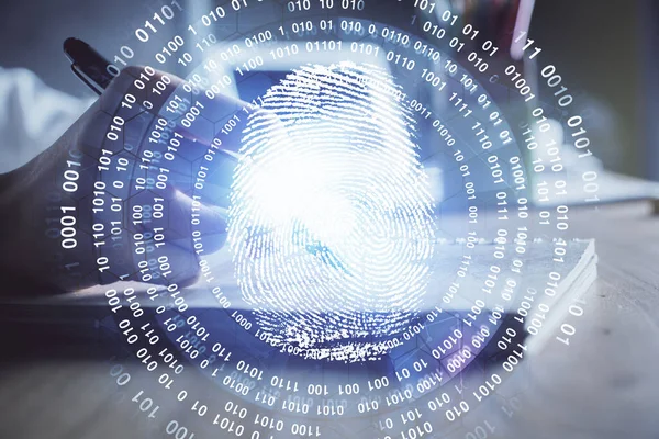 Holograma de impressão digital azul sobre as mãos tomando notas de fundo. Conceito de segurança. Dupla exposição — Fotografia de Stock