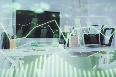 Borsa grafik çizimi ve ofis içi arka planının iki katına çıkarılması. Mali analiz kavramı.