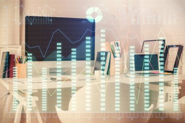 Finansal grafik çizimine ve ofis içi arka planına çifte maruz kalma. Borsa konsepti.