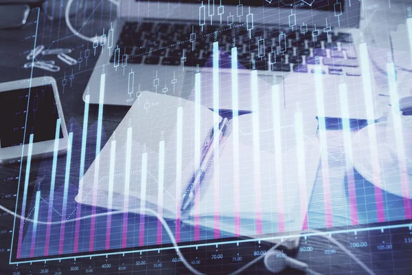 Multi exposure of financial graph drawings and desk with open notebook background. Concept of forex