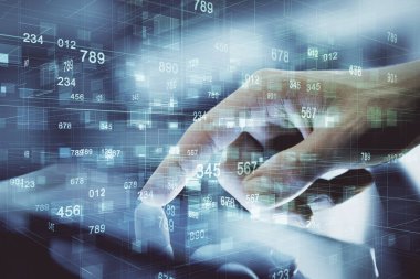 Erkeklerin el ele tutuşmaları ve dijital bir cihaz ve veri temalı çizimler kullanmaları. Yenilik kavramı.