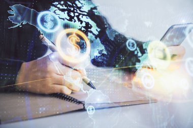 Ön x grafik çizimine çift pozlama hologram ve cep telefonu kullanan bir kadın. Borsa konsepti.