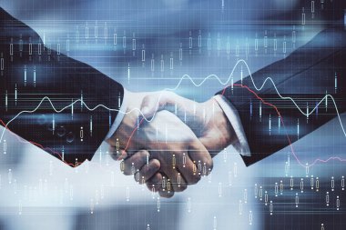Forx grafik hologramı ve iki adamın el sıkışması. Borsa konsepti.