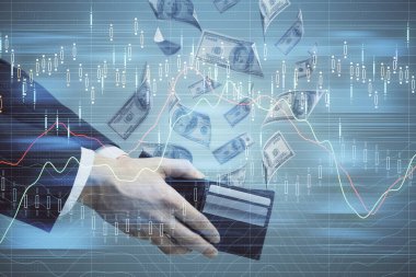 Finansal grafiğe çoklu pozlama hologram, Amerikan dolarları ve insan eli. Analiz kavramı.