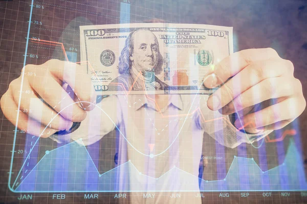 Multi esposizione del grafico del forex che disegna l'ologramma e le fatture e le mani dei dollari degli Stati Uniti. Concetto analisi tecnica. — Foto Stock