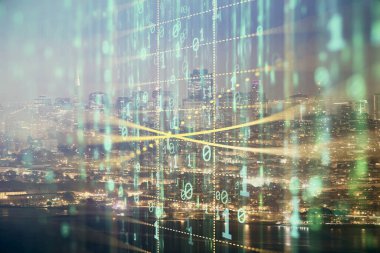 Veri temalı hologram gökdelenler arka planda çoklu pozlama ile şehir görünümüne çizim yapıyor. Ai kavramı.