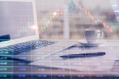 Bilgisayar geçmişi olan eski grafik hologramı. Çifte maruziyet. Finans piyasası kavramı.