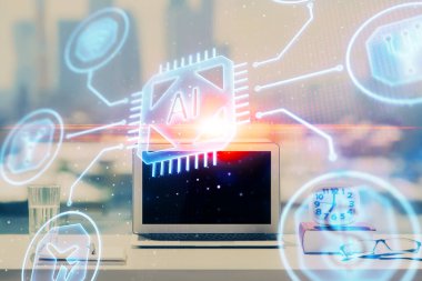 Arkaplanda bilgisayar ve veri temalı çizim tablosu çoklu pozlama. Yenilik kavramı.