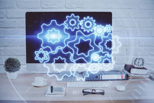 Double exposure of business theme icons and work space with computer background. Concept of success. — Stock Photo, Image