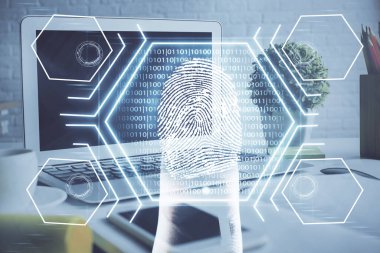 Ofisteki bilgisayarın parmak izi çizimi. Çifte maruziyet. İş veri güvenliği kavramı.