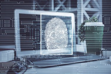 Ofisteki bilgisayarın parmak izi çizimi. Çifte maruziyet. İş veri güvenliği kavramı.