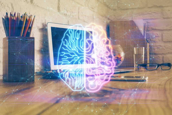 Подвійна експозиція настільного комп'ютера та голограми малювання людського мозку. концепція Ай . — стокове фото