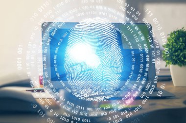 Ofisteki bilgisayarın parmak izi çizimi. Çifte maruziyet. İş veri güvenliği kavramı.