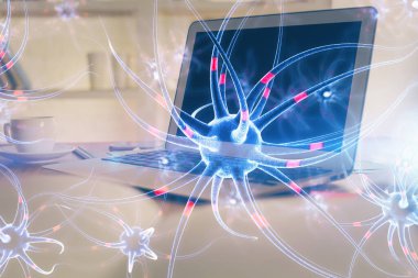 Masaüstü bilgisayar arkaplanı ve nöron çizimi. Çifte maruziyet. Eğitim kavramı.