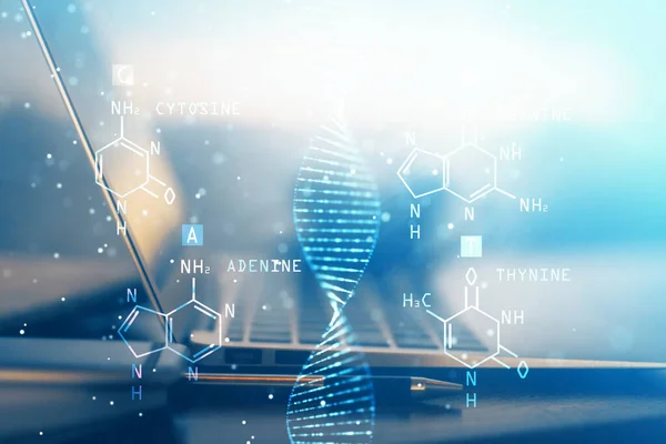 Skrivbordsdator bakgrund och DNA-ritning. Dubbel exponering. Vetenskapligt koncept. — Stockfoto