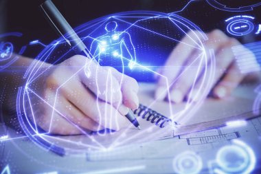 Eğitim temalı hologram, kadınların el yazısı üzerine. Öğrenim anlayışı. Çift pozlama