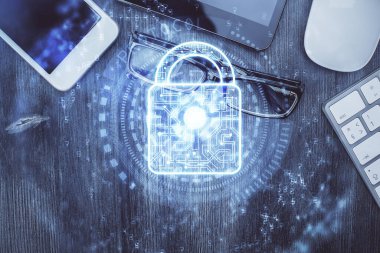 Masaüstü üzerinde çift katlı kilit çizimi. Üst Manzara. Güvenlik kavramı.