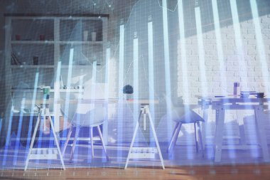 Finansal grafik çizimine ve ofis içi arka planına çifte maruz kalma. Borsa konsepti.