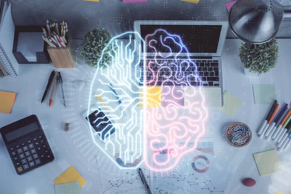 Multi blootstelling van de hersenen schets hologram over topview werktafel achtergrond met computer. Concept van big data. — Stockfoto