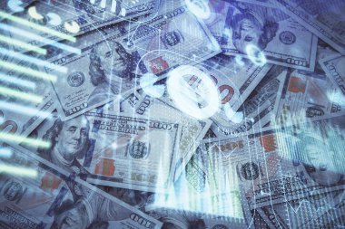 İki kez veri temasına maruz kalınca dolar banknotları arka planda kalıyor. Teknoloji konsepti.