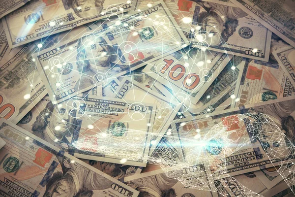 Multi exponering av sociala nätverk rita över oss dollar Bill bakgrund. Begreppet människor anslutning. — Stockfoto