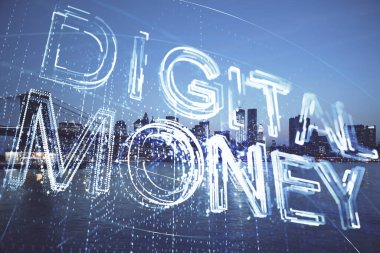 Kripto para birimi temalı hologram çizimine ve şehrin arka planına çoklu maruz kalma. Engelleme zinciri ve bitcoin kavramı.