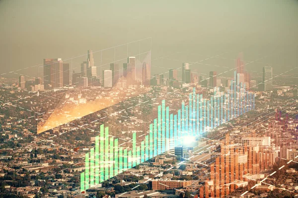Forex diagram på stadsbilden med skyskrapor tapeter dubbel exponering. Finansiell forskning. — Stockfoto