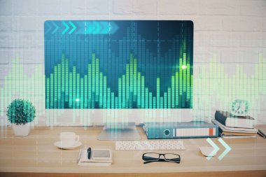 Bilgisayar geçmişi olan eski grafik hologramı. Çifte maruziyet. Finans piyasası kavramı.