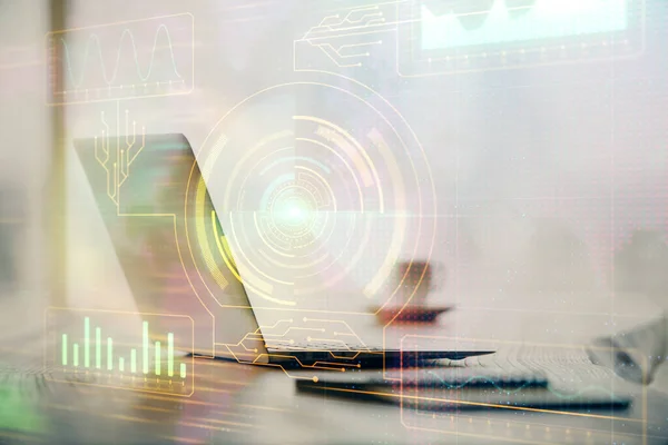 Double exposure of table with computer on background and data theme drawing. Concept of innovation. — Stock Photo, Image