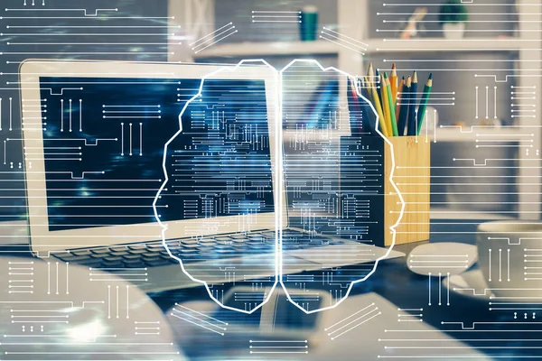 Double exposure of desktop computer and human brain drawing hologram. Ai concept. — Stock Photo, Image