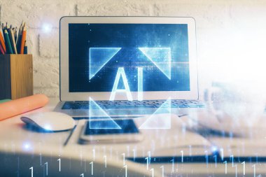 Arka planda kişisel bilgisayarı ve teknik tema çizimi olan iki kat masaüstü görüntüsü. Büyük Veri Kavramı.