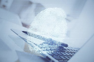 Ofisteki bilgisayarın parmak izi çizimi. Çifte maruziyet. İş veri güvenliği kavramı.