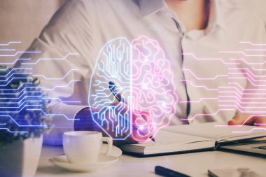 Erkek eli arka planına sahip beyin çoklu pozlama simgesi.