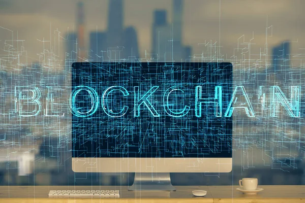 Πολλαπλή έκθεση του ολογράμματος θέμα blockchain και πίνακα με φόντο τον υπολογιστή. Έννοια του κρυπτογραφικού νομίσματος bitcoin. — Φωτογραφία Αρχείου