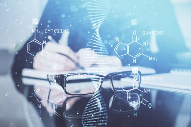 Kadınların el yazısı üzerine DNA temalı hologram. Eğitim kavramı. Çift pozlama
