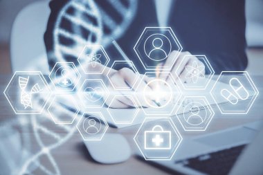 Kadınların el yazısı üzerine DNA temalı hologram. Eğitim kavramı. Çift pozlama