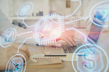 Teknoloji temalı dizüstü bilgisayarla çalışan bir iş adamı. Büyük veri kavramı. Çift pozlama.