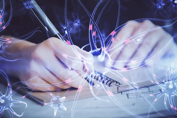 Neuron hologram over hands taking notes background. Concept of research and study. Double exposure — Stock Photo, Image
