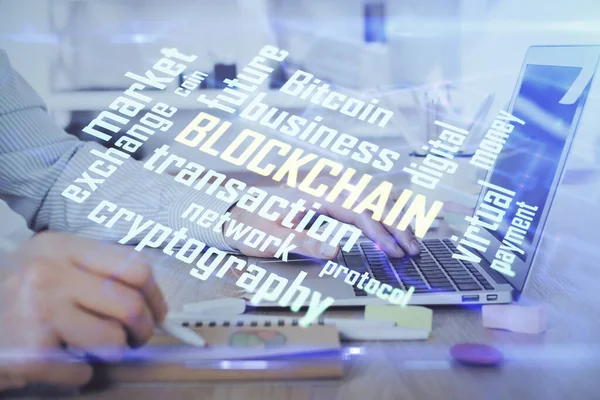 Blockchain theme hud with man working on computer on background. Concept of crypto chain. Double exposure. — Stock Photo, Image